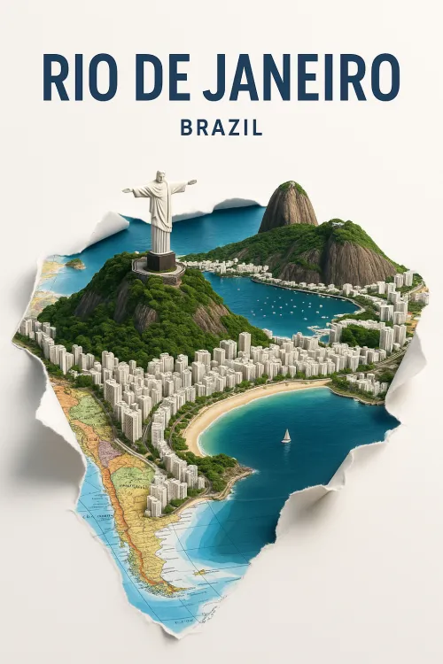 3D image of Rio de Janeiro featuring the Christ the Redeemer statue and coastline