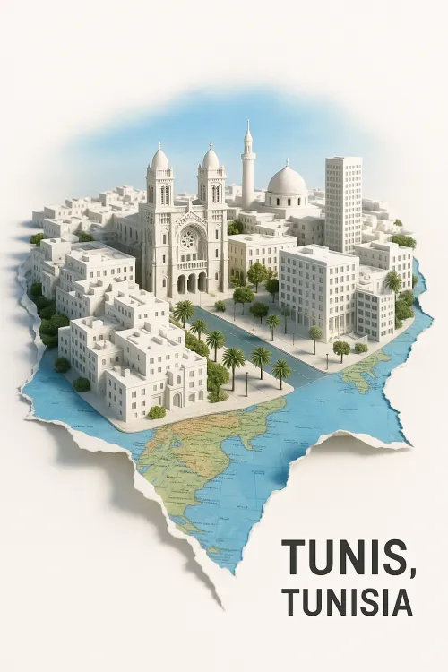 Model of Tunisia with architectural monuments and nature