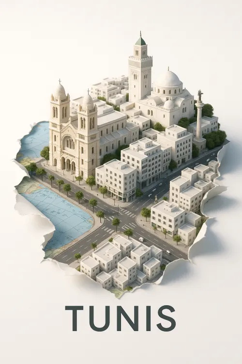 3D visualization of the city of Tunis with its key buildings and streets