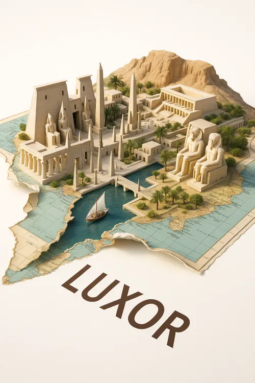 Detailed model of the architecture of Ancient Luxor with obelisks, temples, and a river
