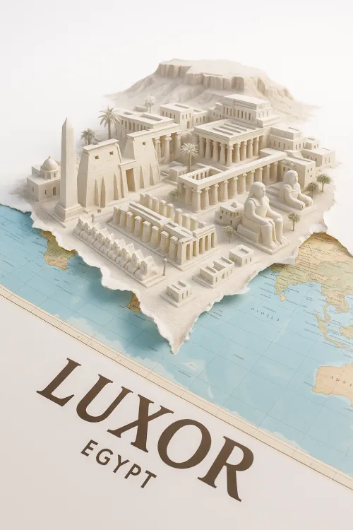 Three-dimensional model of Luxor with monuments and map