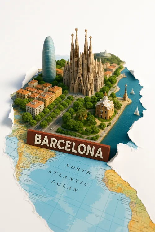 Isometric model of the city of Barcelona with famous landmarks on the map.