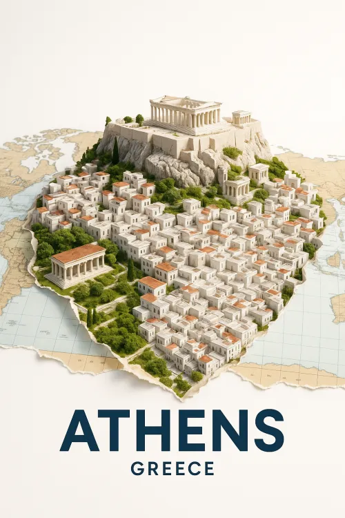 Three-dimensional model of the city of Athens with historical landmarks and residential houses