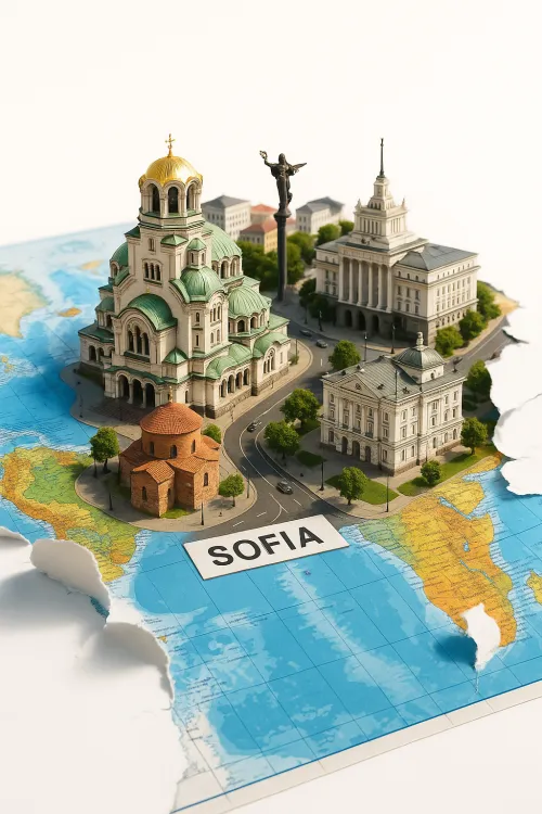 Model of Sofia architecture against the world map with labeling