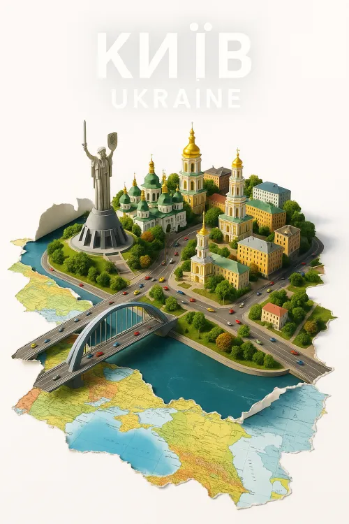 Model of the city of Kyiv with famous buildings of Ukraine and a map