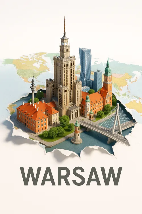 Schematic representation of Warsaw with historical buildings and a river