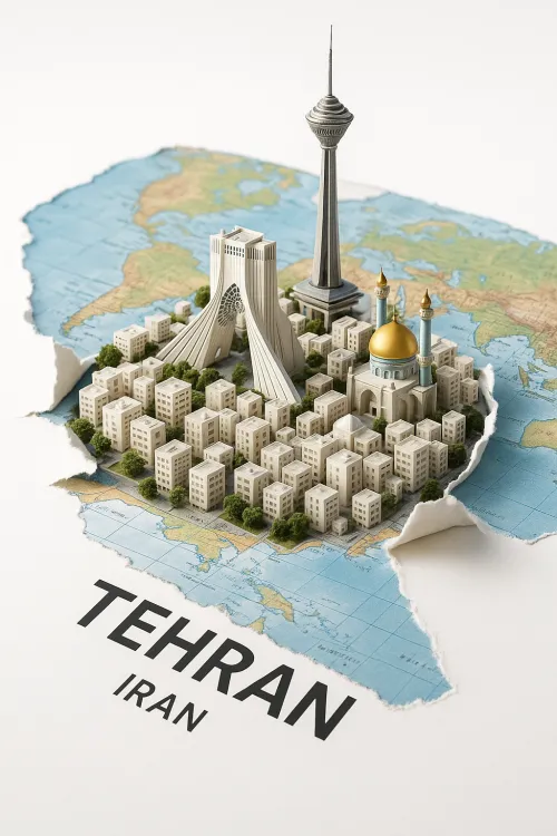 Three-dimensional model of Tehran with famous buildings on the map