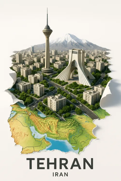 Tehran, the capital of Iran, featuring the Azadi Tower and the Gates of Tehran