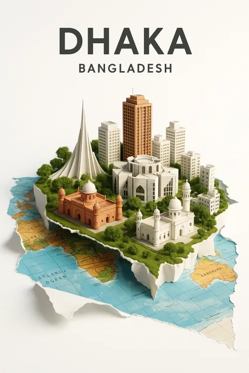 Geographic model of the city of Dhaka with iconic buildings and landscape