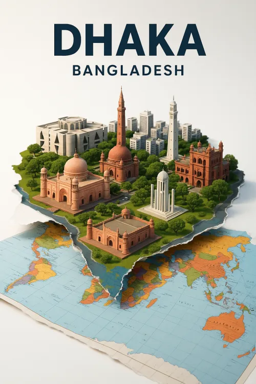 Model of the city of Dhaka with landmarks against the backdrop of a world map