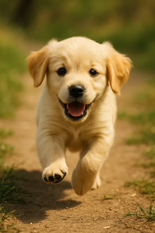 Cute golden puppy running along a dirt path surrounded by grass