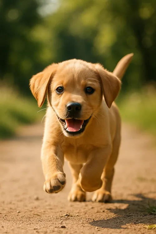 Little puppy singing against a green-yellow landscape