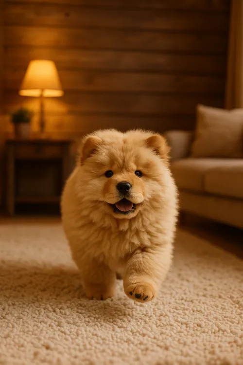 Cute Shih Tzu puppy joyfully running across a room with soft lighting