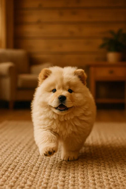 Adorable cachorro Chow Chow en un acogedor entorno hogareño