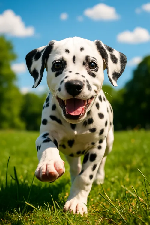 Joyful Dalmatian puppy running on the green lawn under a clear sky