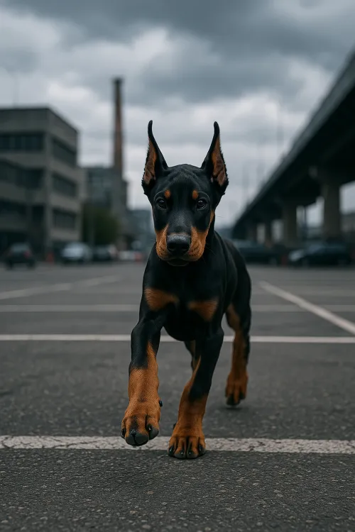 Young Doberman in a park area with gray clouds overhead