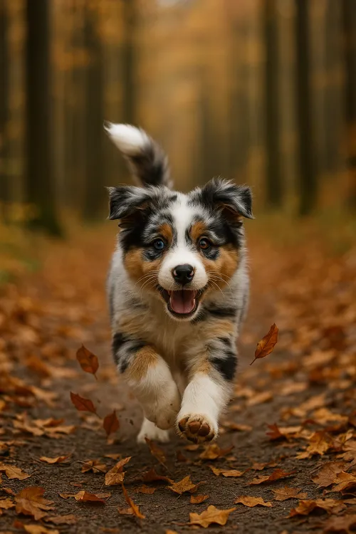 A charming puppy joyfully dashing through a leaf-covered forest