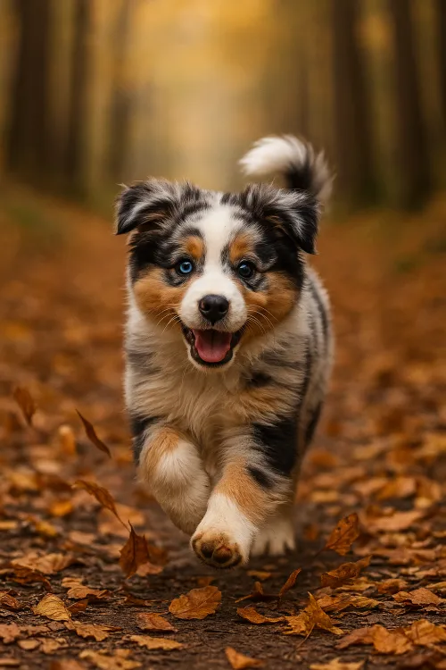 Cute Australian Shepherd puppy running in the autumn forest