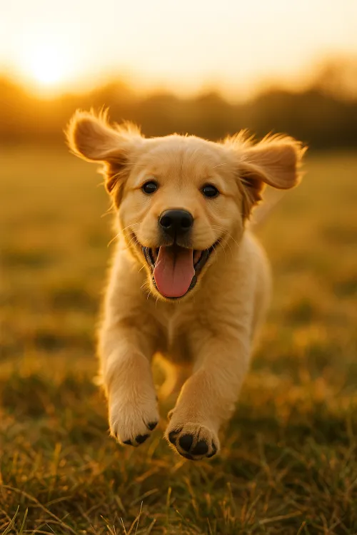 Energetic Golden Retriever puppy runs on the grass under the sunset