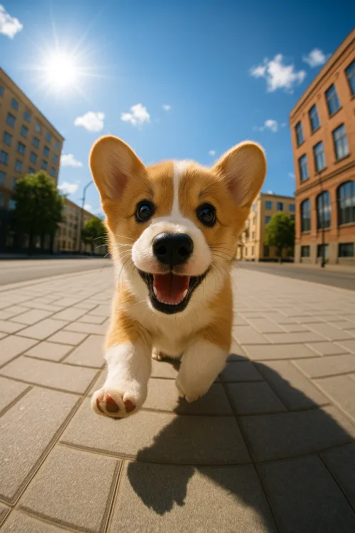 Cute corgi puppy running on the sidewalk against the city backdrop