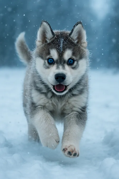 Husky puppy with blue eyes running in the snow in the forest