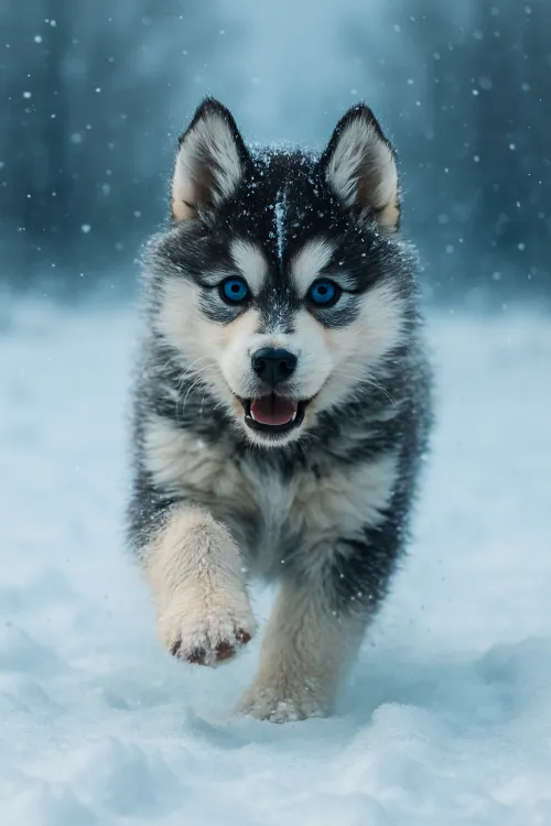 Husky puppy with blue eyes on the snow
