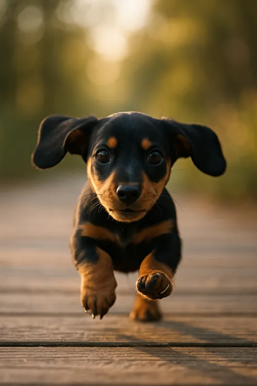 Small dachshund puppy running on a wooden path in the park
