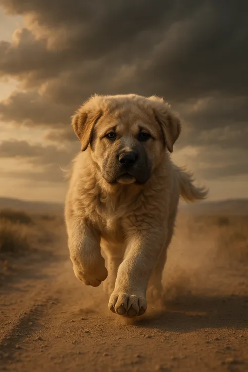Chow Chow puppy running along a path at sunset
