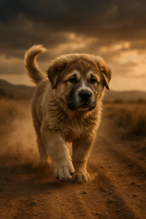 Cute puppy walking on the road in the evening sun rays
