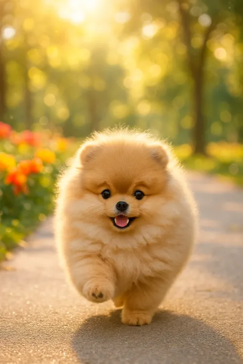 Fluffy beige Pomeranian puppy strolling along the path