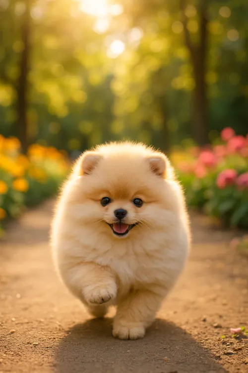 Fluffy Pomeranian puppy on a cozy path in the park