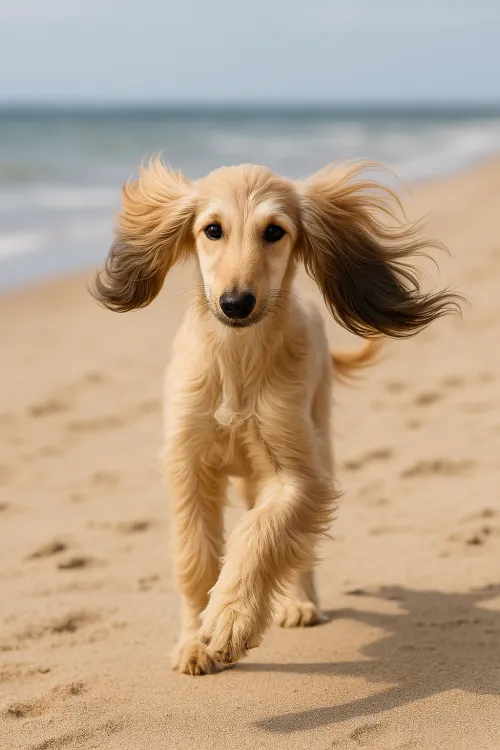 A puppy with long ears on the beach by the sea
