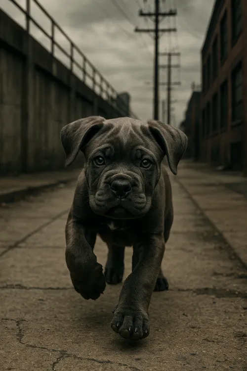 A small dog running through the streets of a grey city