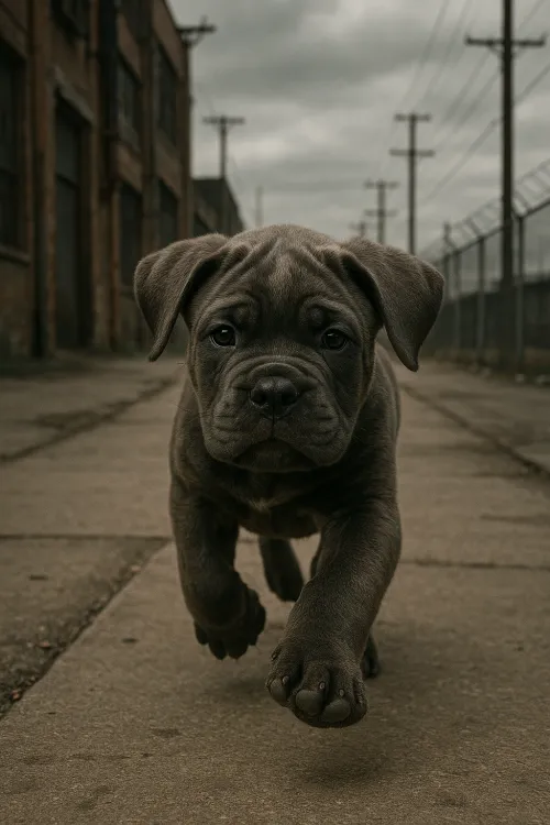 Cane Corso puppy running on an asphalt road