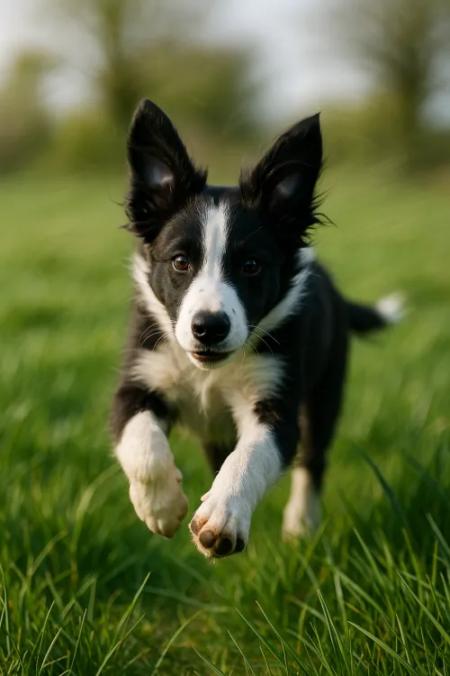 Young Border Collie running on the grass on a sunny day