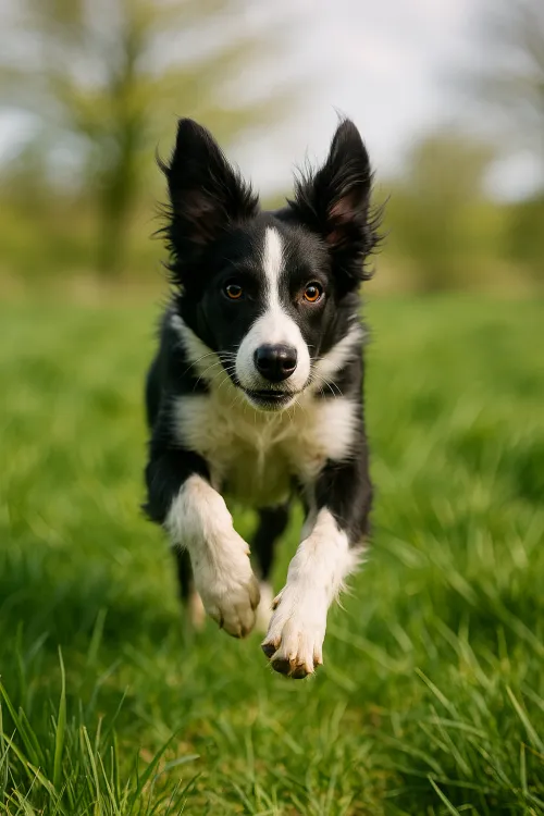 Border Collie running actively on green grass