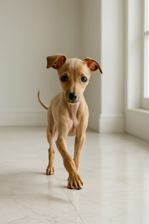 Cute Iguana breed puppy walking on a pristine white floor