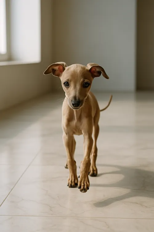 Small beige puppy on a light floor with windows