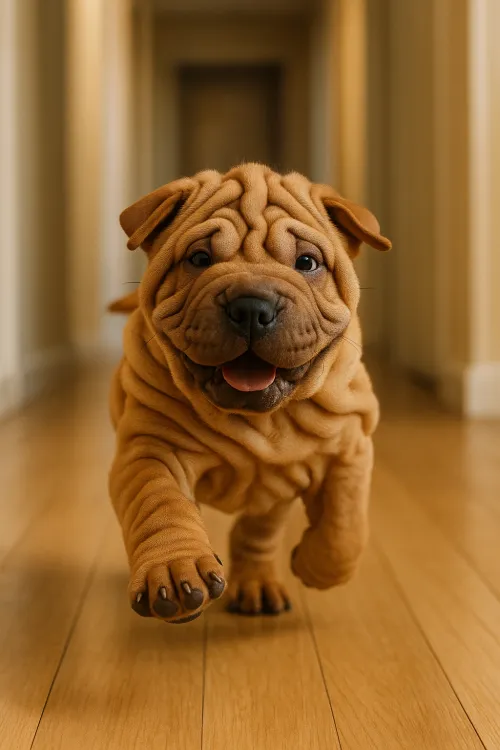 Shar-Pei puppy with wrinkled skin running down the hallway