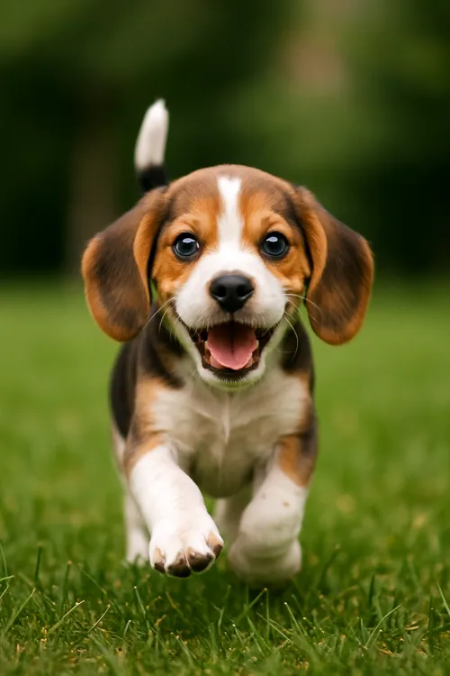 Cute beagle puppy with a happy smile on a grassy field