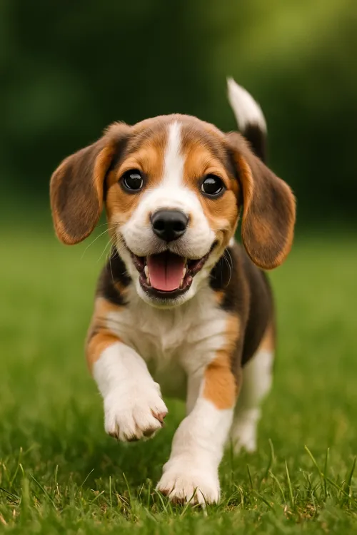 Young beagle puppy happily running on green grass