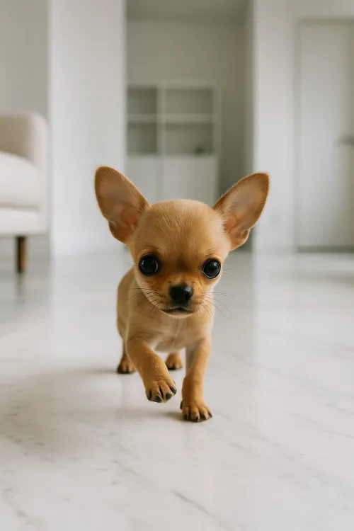 Chihuahua puppy walking on the white floor of an apartment