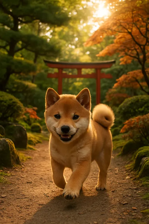 Shiba Inu puppy walking through a picturesque Japanese garden with autumn leaves
