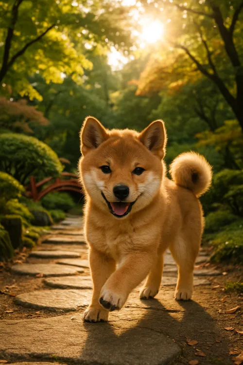 Cute Shiba Inu puppy walking on a stone path in the garden