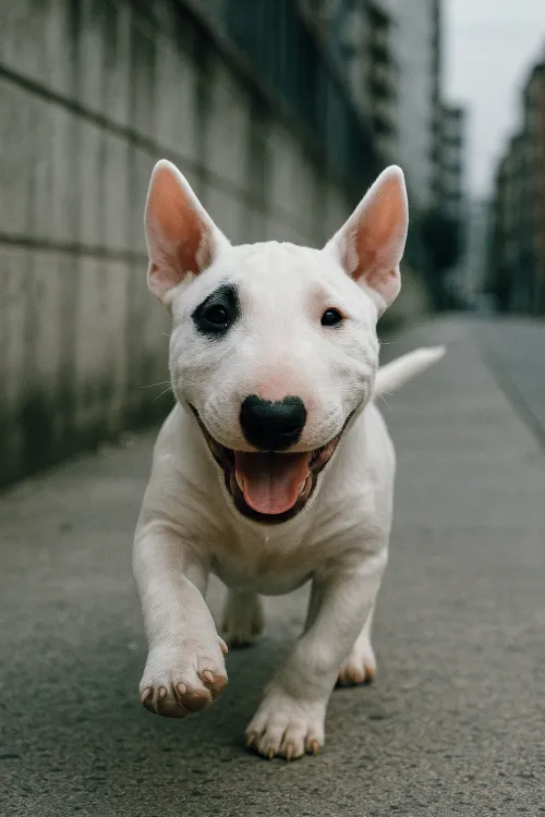 Funny Bull Terrier puppy smiling on the street between buildings