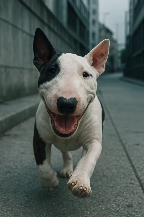 El bulldog corre por una calle asfaltada en la ciudad