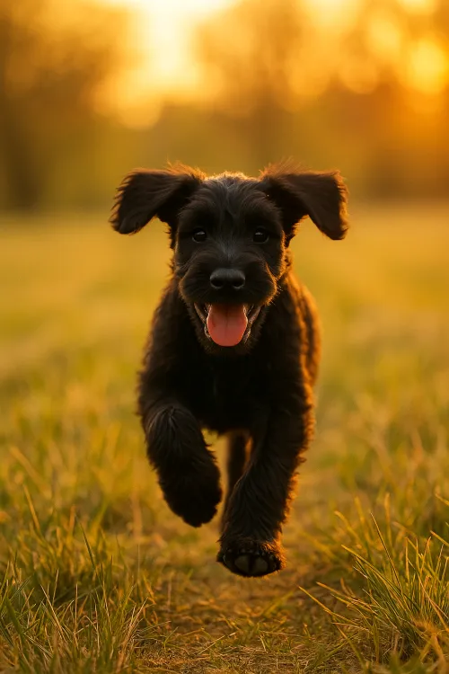 A young black puppy with a joyful expression on a walk