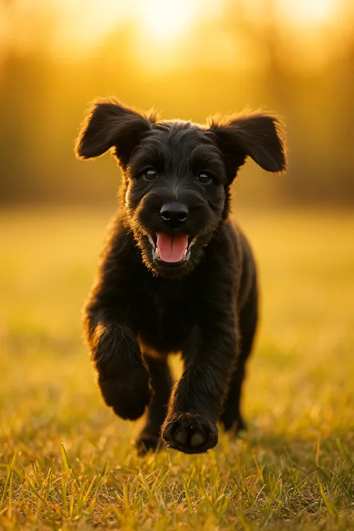 Cute black puppy running through a field against the backdrop of a sunset