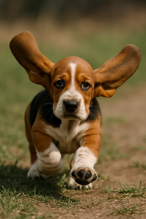 Bull Terrier puppy with big ears running through the grass outdoors