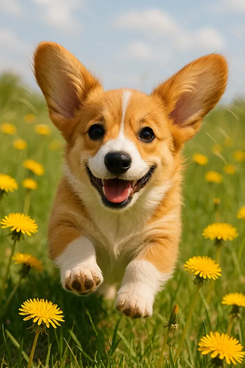 Happy Corgi puppy jumping among yellow dandelions in a green meadow